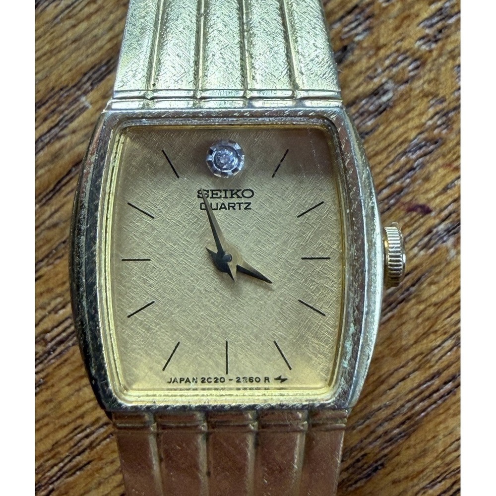Seiko Watch Women 16mm Champagne Dial Gold Tone Square 2C20-2260 New Battery